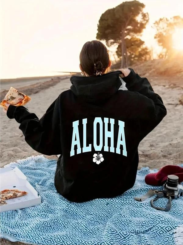 Women's Floral & Letter Print Drop Shoulder Hoodie, Fashion Casual Drawstring Pocket Hooded Sweatshirt for Daily Holiday...