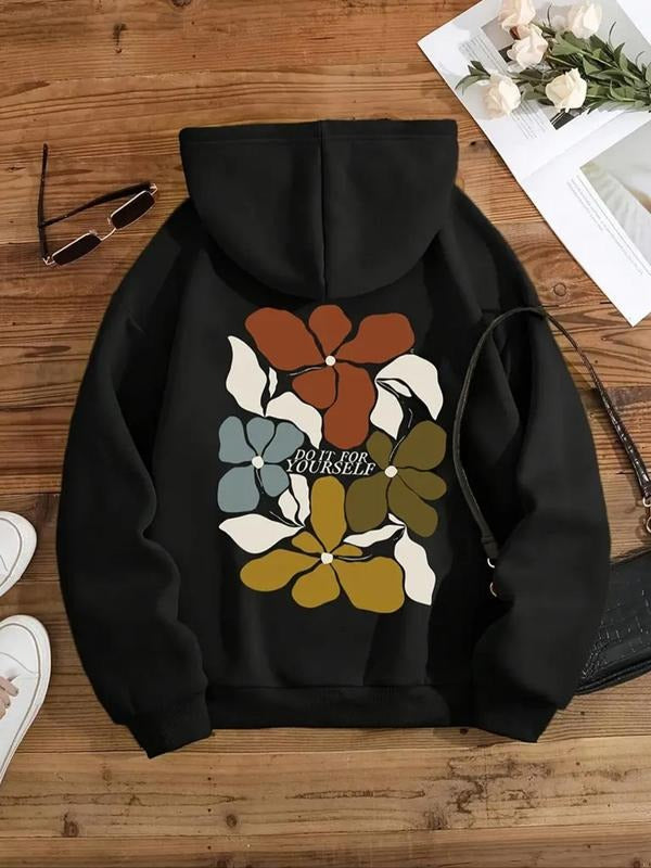 Women's Floral & Letter Print Drop Shoulder Hoodie, Fashion Casual Drawstring Pocket Hooded Sweatshirt for Daily Holiday...