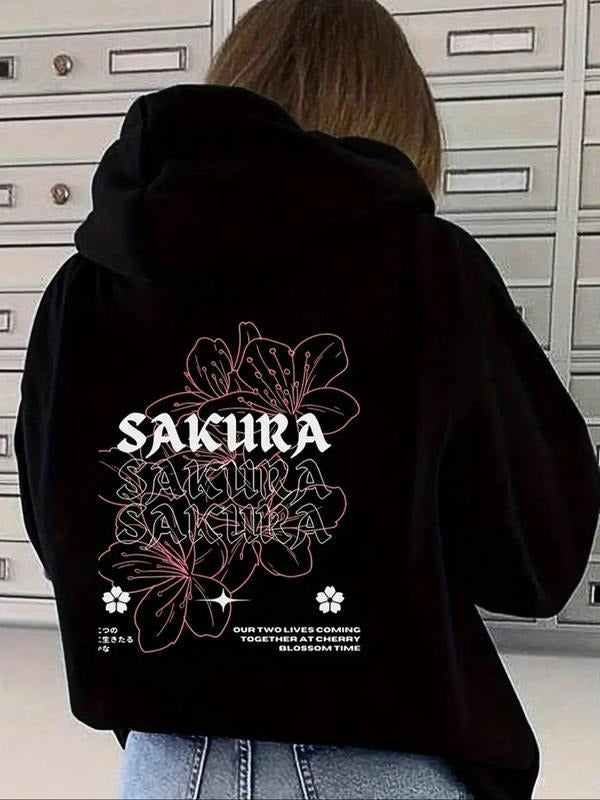 Women's Floral & Letter Print Drop Shoulder Hoodie, Fashion Casual Drawstring Pocket Hooded Sweatshirt for Daily Holiday...