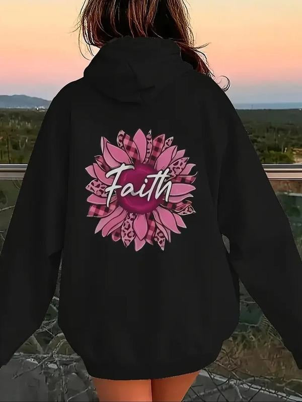 Women's Floral & Letter Print Drop Shoulder Hoodie, Fashion Casual Drawstring Pocket Hooded Sweatshirt for Daily Holiday...
