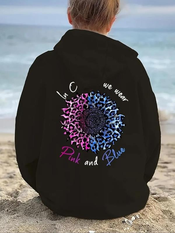 Women's Floral & Letter Print Drop Shoulder Hoodie, Fashion Casual Drawstring Pocket Hooded Sweatshirt for Daily Holiday...