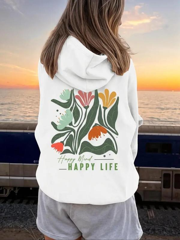 Women's Floral & Letter Print Drop Shoulder Hoodie, Fashion Casual Drawstring Pocket Hooded Sweatshirt for Daily Holiday...