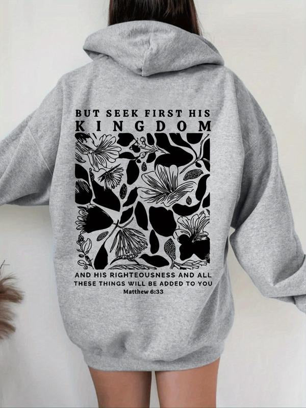 Women's Floral & Letter Print Drop Shoulder Hoodie, Fashion Casual Drawstring Pocket Hooded Sweatshirt for Daily Holiday...