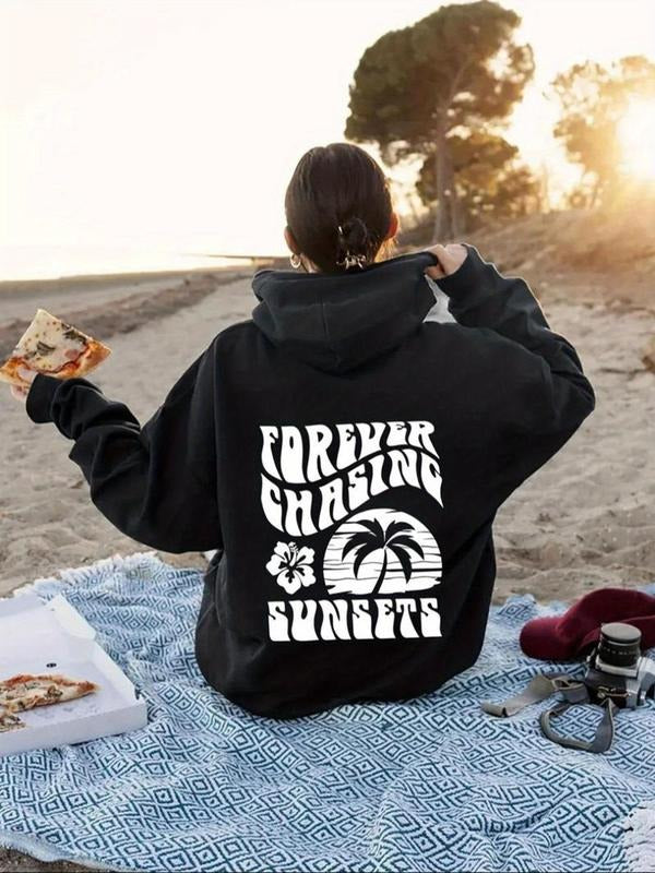 Women's Floral & Letter Print Drop Shoulder Hoodie, Fashion Casual Drawstring Pocket Hooded Sweatshirt for Daily Holiday...