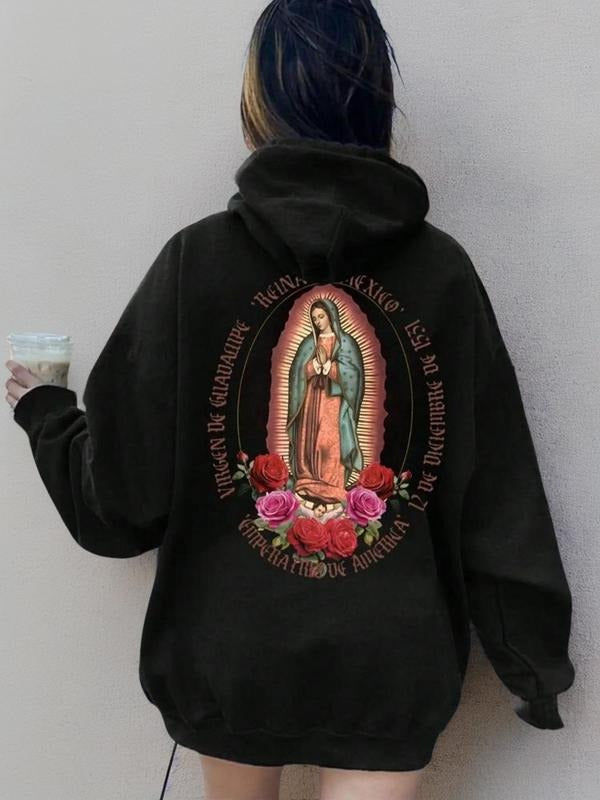 Floral & Letter Print Drop Shoulder Casual Figure Print Drawstring Pocket Hooded Daily Outdoor Clothes Spring & Fall T-Shirts, Hoodie, Sweatshirt