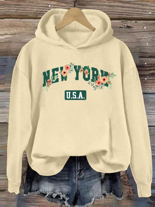 Women's Floral & Letter Print Drop Shoulder Hoodie, Fashion Casual Hooded Sweatshirt for Daily Holiday Outdoor Wear,...