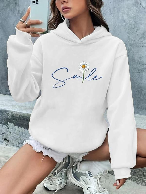 Women's Floral & Letter Print Drop Shoulder Hoodie, Fashion Casual Long Sleeve Hooded Sweatshirt for Daily Holiday...