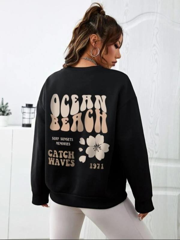 Women's Floral & Letter Print Drop Shoulder Sweatshirt Without Necklace, Casual Long-Sleeve Round Neck Pullover For Fall...