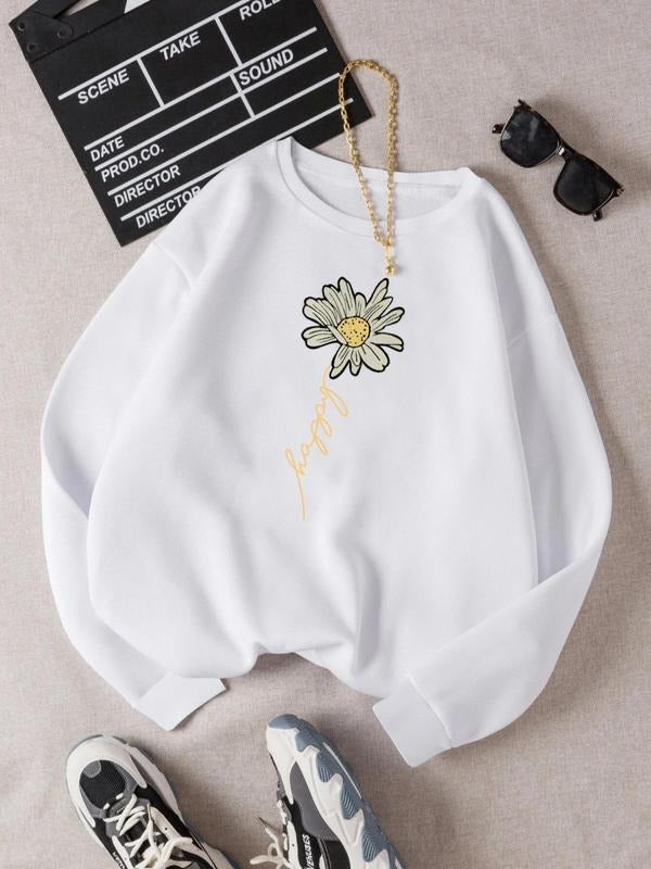 Women's Floral & Letter Print Drop Shoulder Sweatshirt, Casual Long Sleeve Crew Neck Pullover For Daily Wear, Ladies Fall...