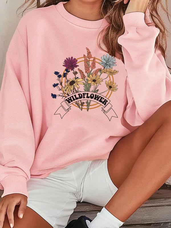 Women's Floral & Letter Print Drop Shoulder Sweatshirt, Casual Long Sleeve Round Neck Pullover for Fall & Winter, Ladies...