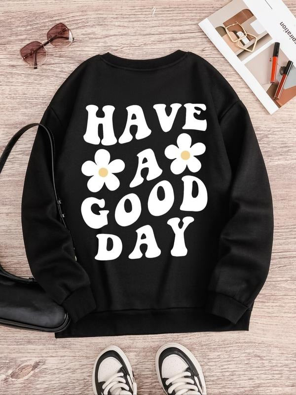 Women's Floral & Letter Print Drop Shoulder Sweatshirt, Casual Long Sleeve Round Neck Pullover for Spring & Fall, Ladies...