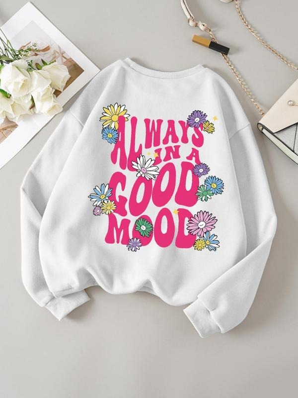 Women's Floral & Letter Print Drop Shoulder Sweatshirt, Fashion Casual Crew Neck Long Sleeve Pullover for Daily Holiday...