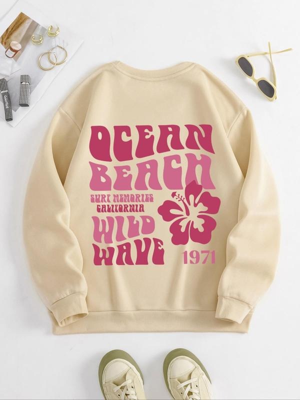 Women's Floral & Letter Print Drop Shoulder Sweatshirt, Trendy Casual Long Sleeve Round Neck Pullover for Spring & Fall,...
