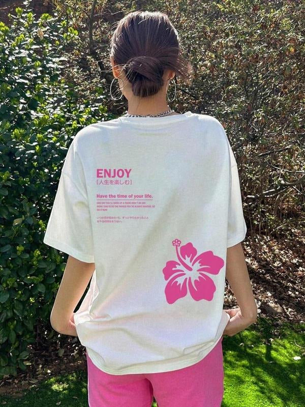 Women's Floral & Letter Print Drop Shoulder Tee, Casual Half Sleeve Round Neck T-shirt for Summer, Ladies Clothes for...