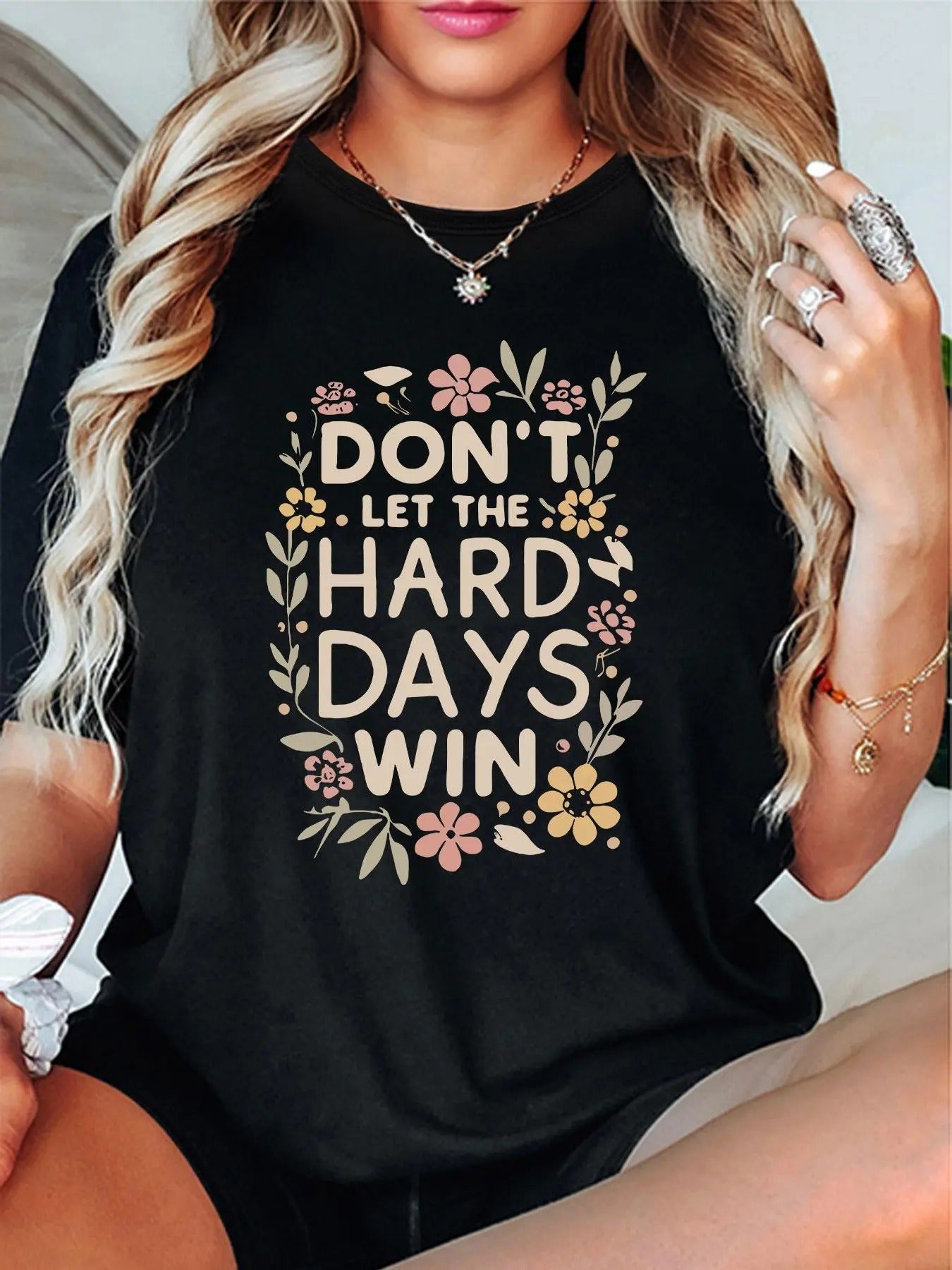 Women's Floral & Letter Print Drop Shoulder Tee, Casual Short Sleeve Round Neck T-Shirt for Summer, Fashion Women's Top...