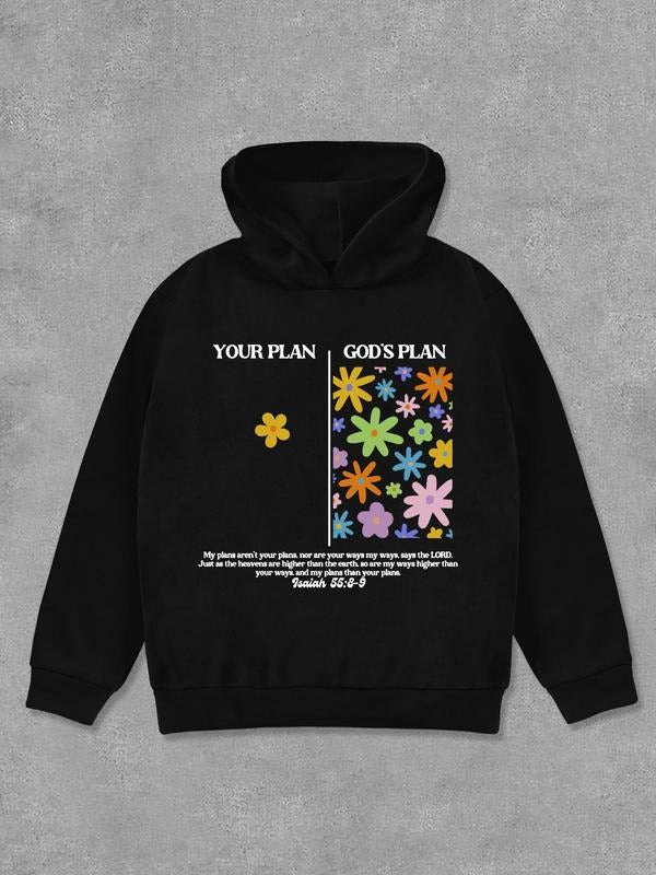 Floral & Letter Print Casual Long Sleeve Hooded Daily Outdoor Fall & Winter T-Shirts, Hoodie, Sweatshirt