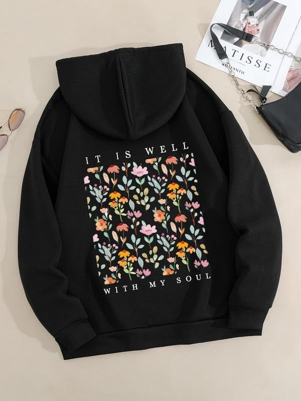 Women's Floral & Letter Print Pocket Hoodie, Fashion Casual Long Sleeve Hooded Sweatshirt for Daily Holiday Outdoor Wear,...