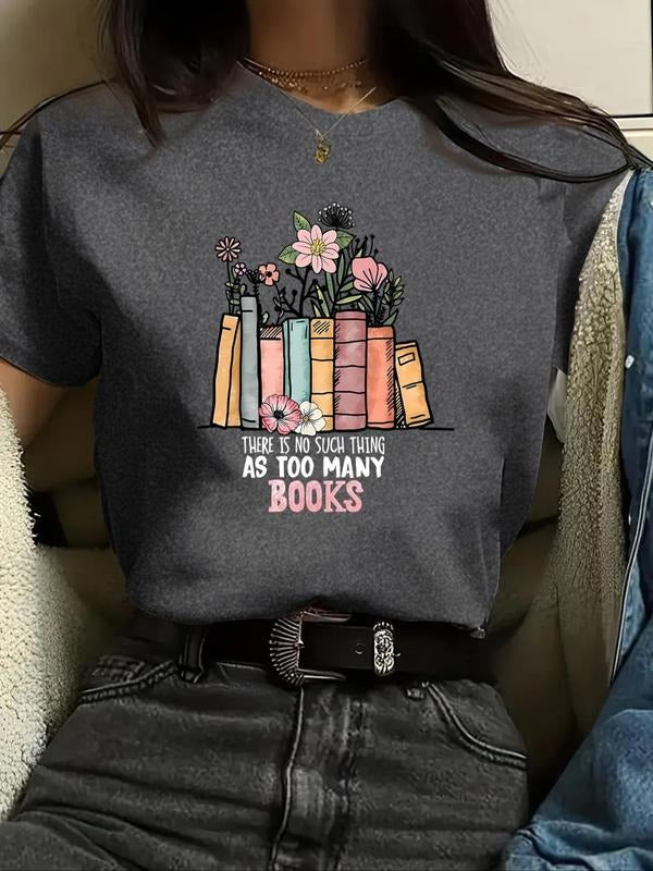 Women's Floral & Letter Print Round Neck Graphic Tee, Vintage Trendy Casual Book Graphic Short Sleeve T-shirt for Daily...