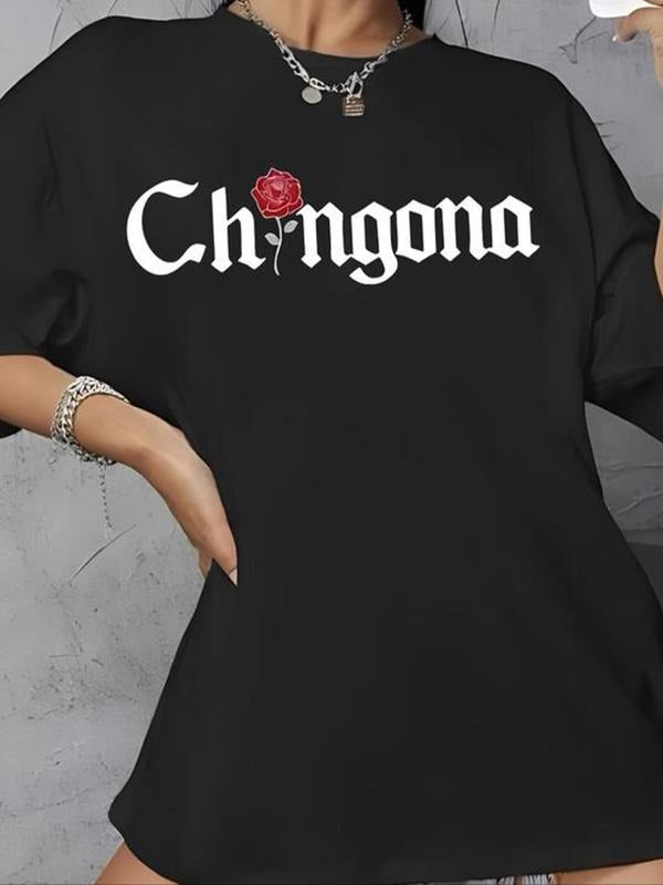 Women's Floral & Letter Print Round Neck Graphic Tee, Vintage Trendy Casual Drop Shoulder Half Sleeve T-shirt For Daily...