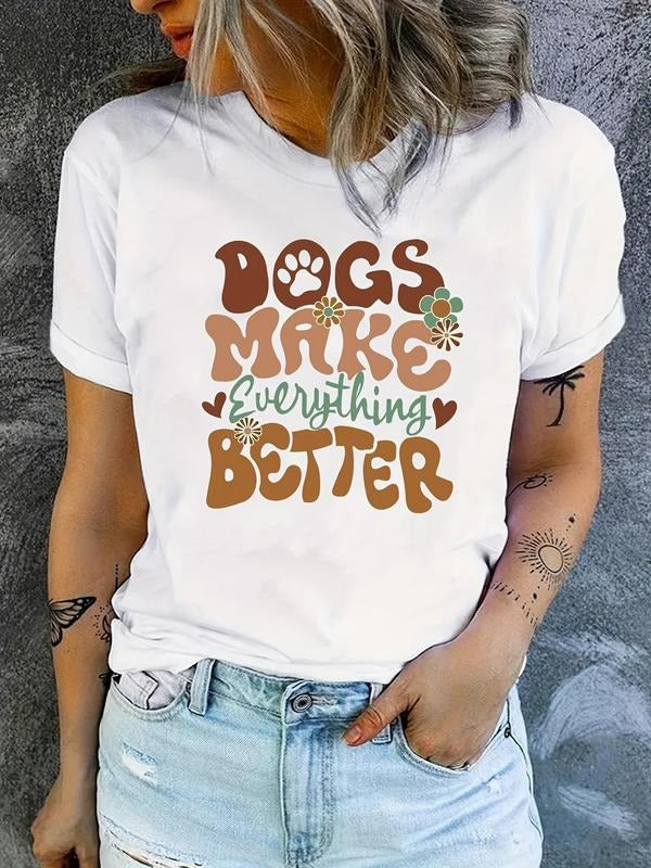 Women's Floral & Letter Print Round Neck Graphic Tee, Vintage Trendy Casual Short Sleeve T-shirt For Daily Wear, Ladies...