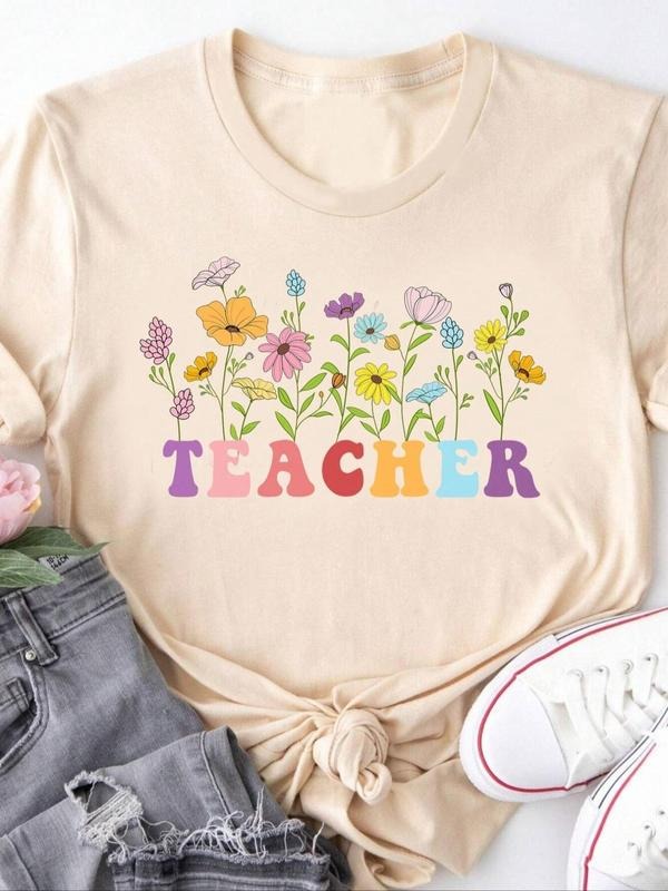 Women's Floral & Letter Print Round Neck Graphic Tee, Vintage Trendy Casual Short Sleeve T-shirt For Daily Wear, Ladies...