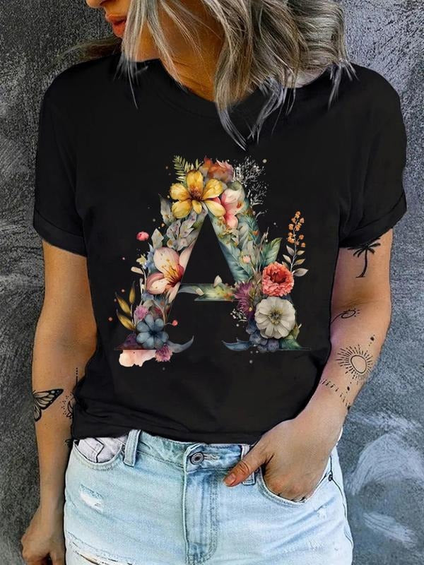 Women's Floral & Letter Print Round Neck Graphic Tee, Vintage Trendy Casual Short Sleeve T-shirt for Daily Wear, Ladies...