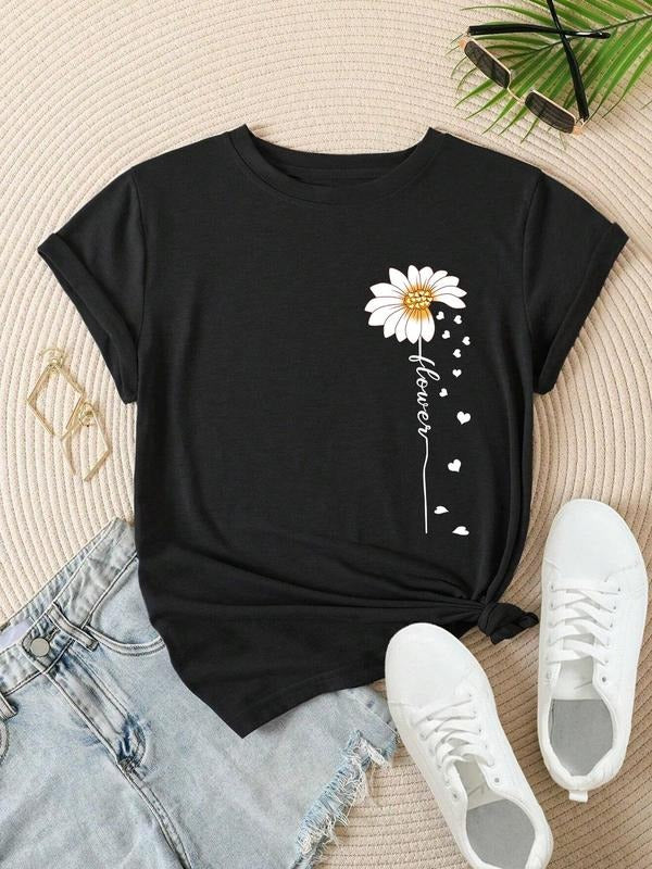 Women's Floral & Letter Print Round Neck Graphic Tee, Vintage Trendy Casual Short Sleeve T-shirt for Daily Wear, Ladies...