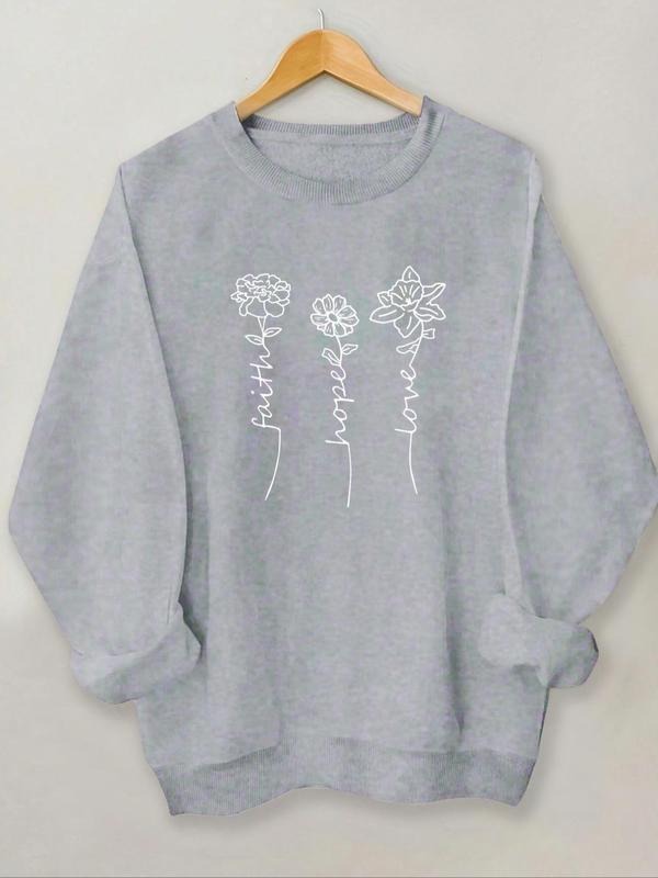 Women's Floral & Letter Print Round Neck Sweatshirt, Casual Long Sleeve Crew Neck Pullover for Fall & Winter, Fashion...