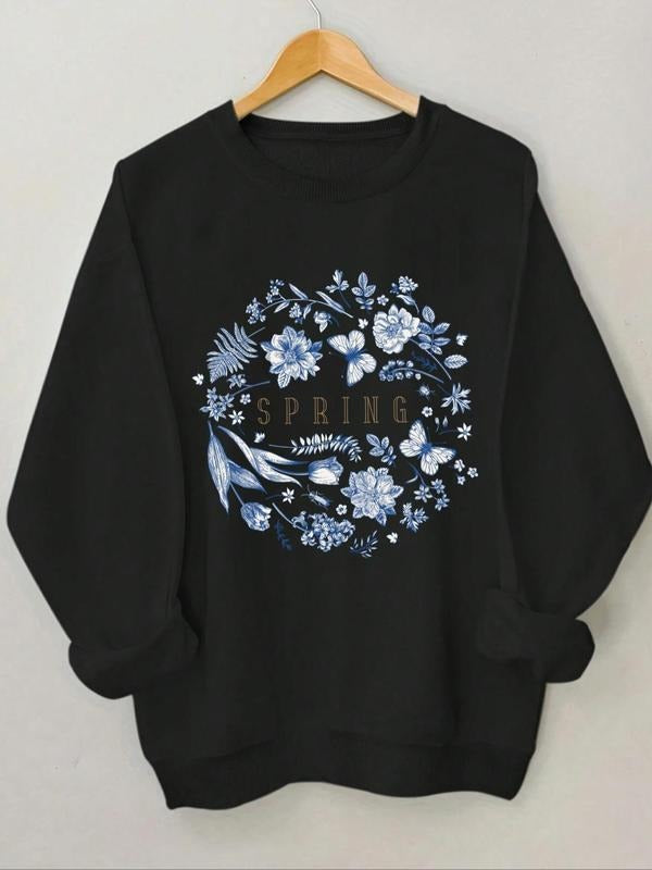 Women's Floral & Letter Print Round Neck Sweatshirt, Casual Long Sleeve Crew Neck Pullover for Spring & Fall, Fashion...