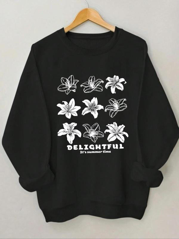Women's Floral & Letter Print Round Neck Sweatshirt, Casual Long Sleeve Pullover for Fall & Winter, Women's Clothes for...