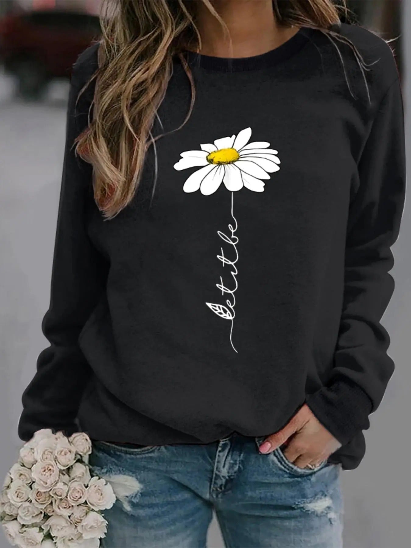 Women's Floral & Letter Print Round Neck Sweatshirt, Fashion Casual Crew Neck Pullover for Daily Holiday Outdoor Wear,...