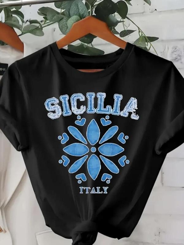 Women's Floral & Letter Print Round Neck Tee, Casual Short Sleeve Crew Neck T-Shirt for Summer, Fashion Women's Top for...