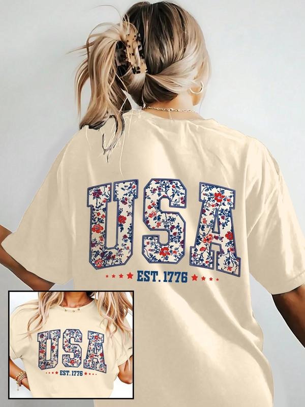 Women's Floral & Letter Print Round Neck Tee, Casual Short Sleeve Crew Neck T-Shirt for Summer, Fashion Women's Top for...
