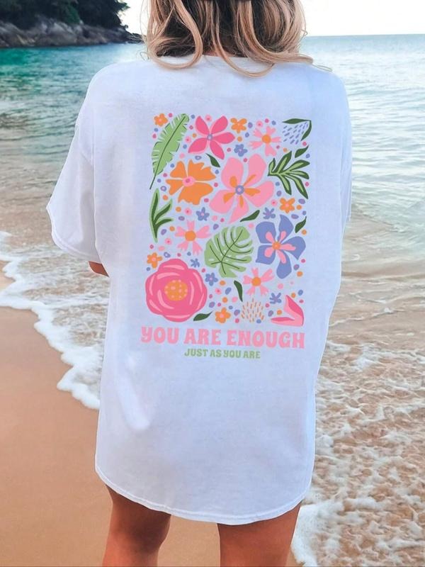 Women's Floral & Letter Print Round Neck Tee, Casual Short Sleeve Crew Neck T-Shirt, Women's Top for Daily Wear Hoodie,...