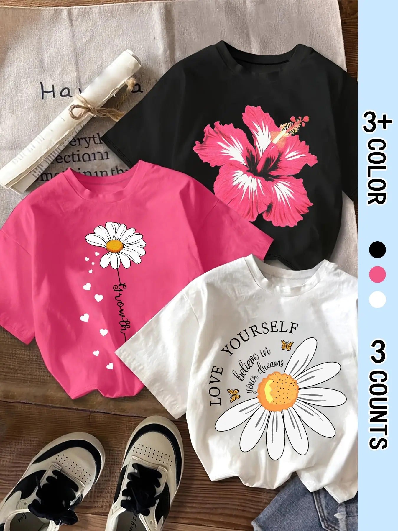 Women's Floral & Letter Print Round Neck Tee, Casual Short Sleeve Crew Neck T-shirt for Daily Wear, Ladies Clothes for...