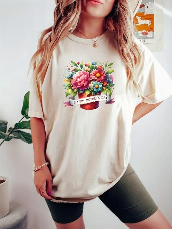 Women's Floral & Letter Print Round Neck Tee, Casual Short Sleeve Crew Neck T-shirt for Daily Wear, Ladies Clothes for...