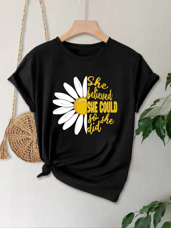 Women's Floral & Letter Print Round Neck Tee, Casual Short Sleeve Crew Neck T-shirt for Daily Wear, Ladies Summer Outfit...