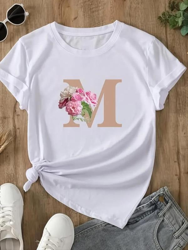 Women's Floral & Letter Print Round Neck Tee, Casual Short Sleeve Crew Neck T-shirt for Summer, Fashion Women's Top for...