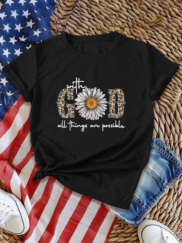 Women's Floral & Letter Print Round Neck Tee, Casual Short Sleeve T-shirt for Daily Wear, Ladies All Seasons Outfit...