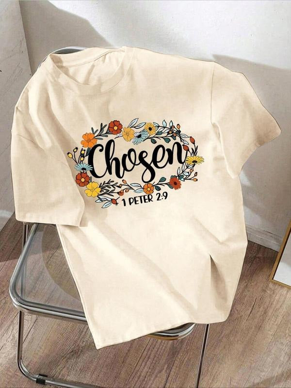 Women's Floral & Letter Print Round Neck Tee, Fashion Casual Crew Neck T-Shirt for Daily Holiday Vacation Outdoor Wear,...