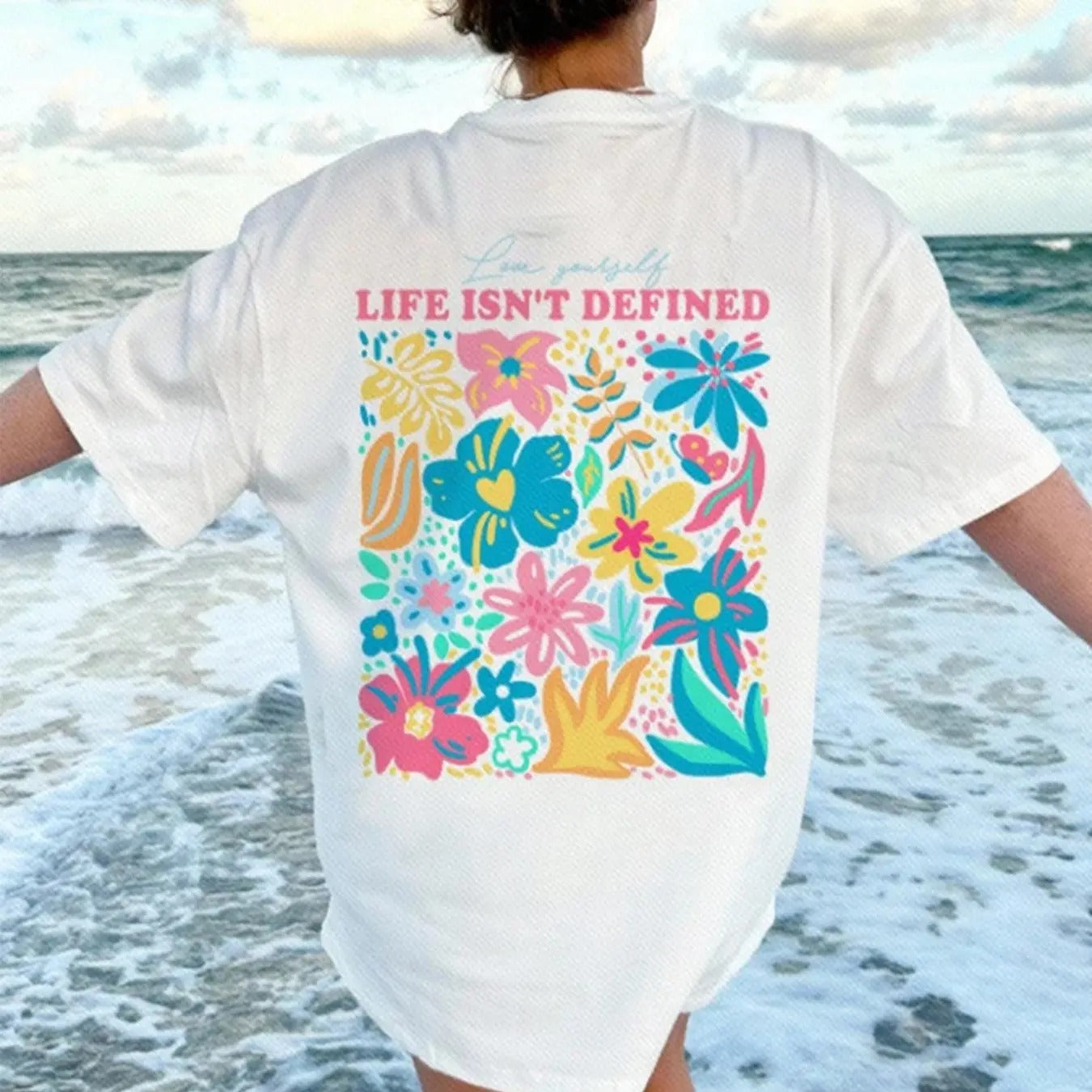 Women's Floral & Letter Print Round Neck Tee, Fashion Casual Drop Shoulder Short Sleeve T-shirt, Ladies Summer Clothes...