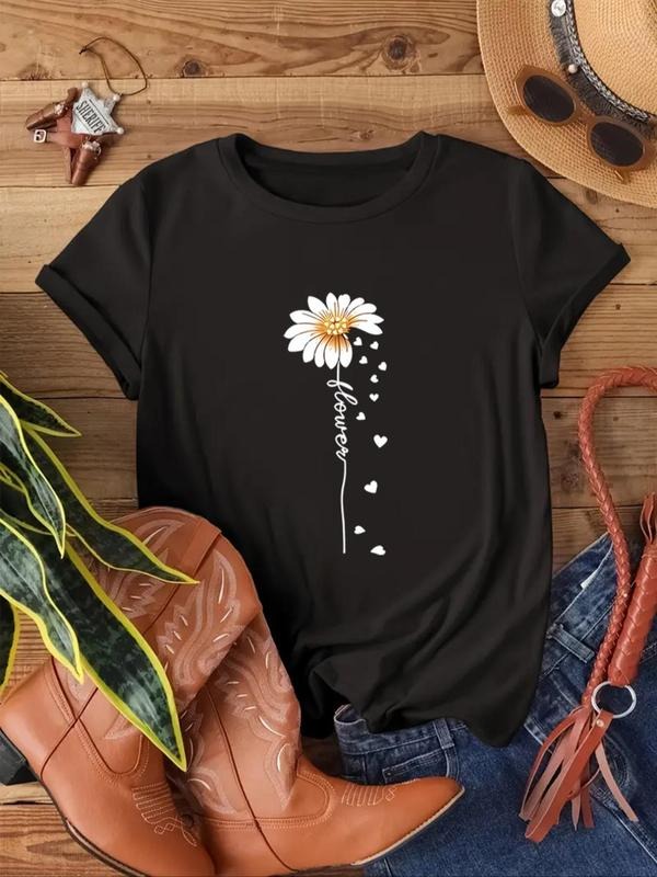 Women's Floral & Letter Print Round Neck Tee, Fashion Casual Short Sleeve T-shirt for Daily Wear, Ladies Summer Clothes...