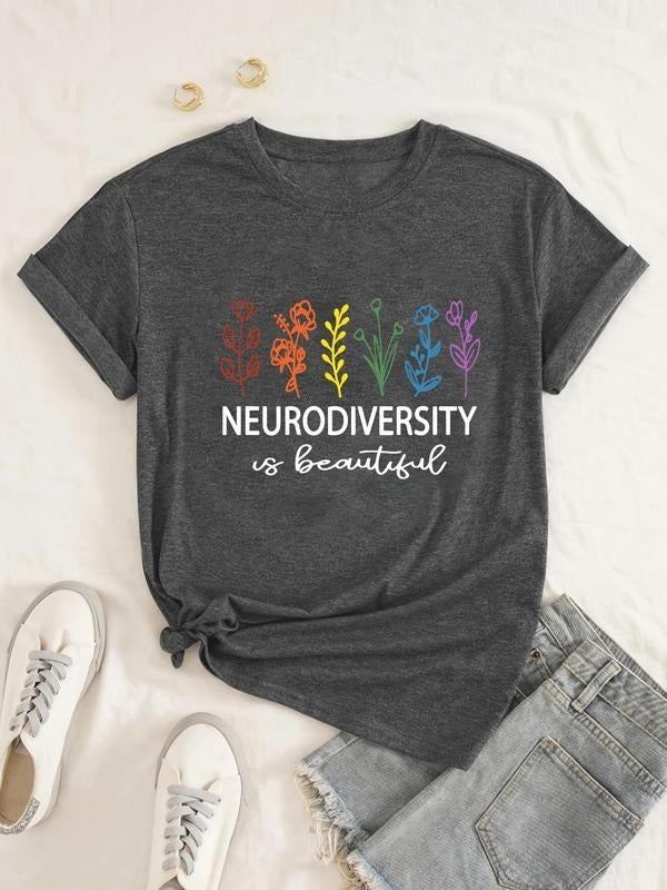 Women's Floral & Letter Print Round Neck Tee, Fashion Casual Short Sleeve T-shirt, Ladies Summer Clothes for Daily Wear...