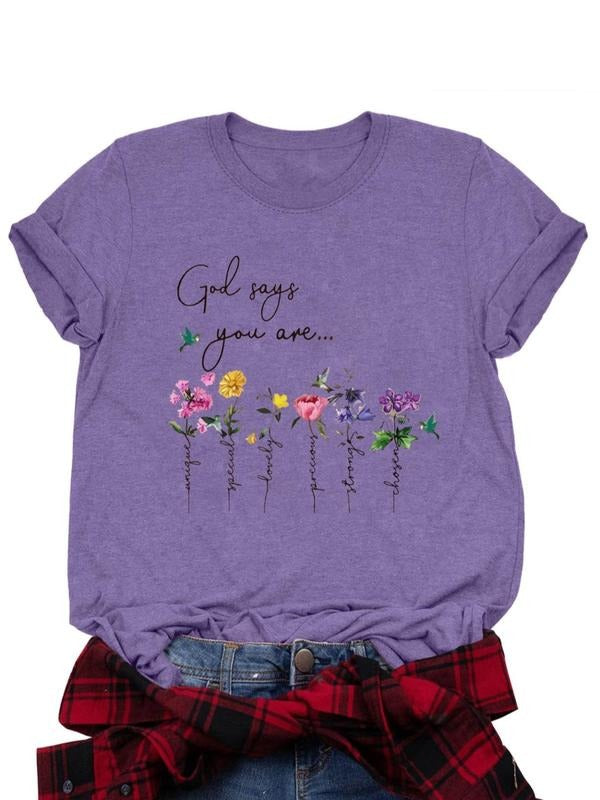 Women's Floral & Letter Print Round Neck Tee, Trendy Casual Crew Neck Short Sleeve T-shirt for Daily Wear, Ladies All...