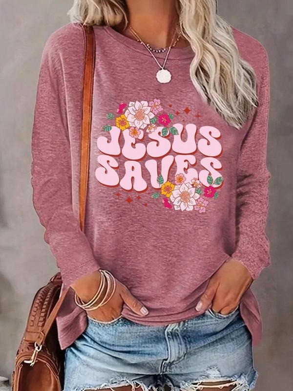 Women's Floral & Letter Print Round Neck Tee, Trendy Casual Long Sleeve Crew Neck T-Shirt for Daily Wear, Ladies Clothes...