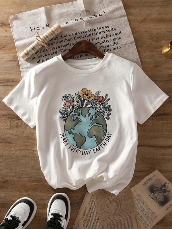 Women's Floral & Letter Print Round Neck Tee, Trendy Casual Short Sleeve T-Shirt for Daily Wear, Ladies Summer Outfit...