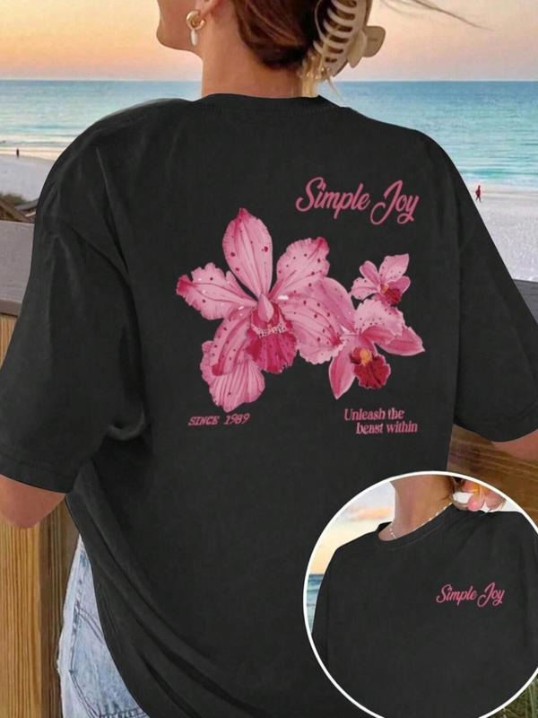 Women's Floral & Letter Print Round Neck Tee, Trendy Casual Short Sleeve T-Shirt for Daily Wear, Ladies Summer Outfit,...
