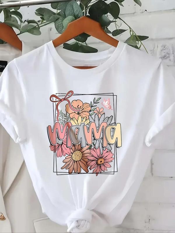 Women's Floral & Letter Print Round Neck Tee, Trendy Casual Short Sleeve T-shirt for Daily Wear, Ladies All Seasons...