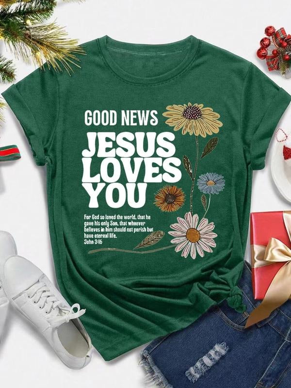 Women's Floral & Letter Print Round Neck Tee, Trendy Casual Short Sleeve T-shirt for Daily Wear, Ladies All Seasons Wear...