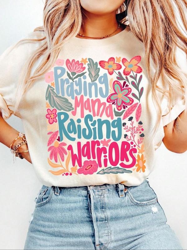 Women's Floral & Letter Print Round Neck Tee, Vintage Trendy Casual Crew Neck Short Sleeve T-shirt for Daily Wear, Ladies...